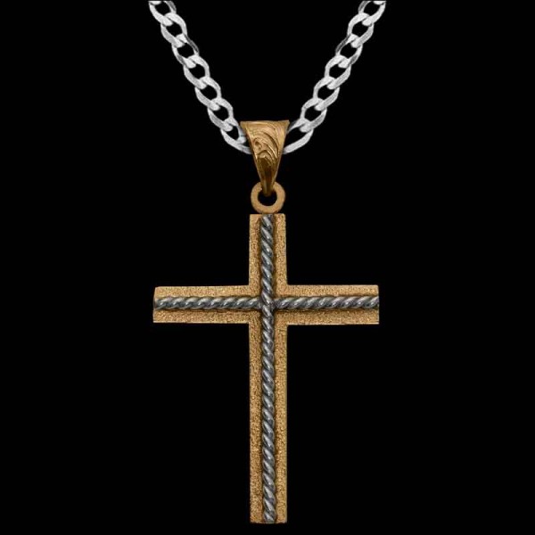 Our Jeremiah Cross Pendant is as strong as the one who wears it. This two-toned design is handcrafted on a Jeweler’s Bronze base, featuring a classic German Silver rope inner cross. To complete the look, we applied our signature matte base finish.

Size